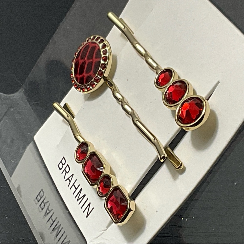 Brahmin Trio Hair Pins ROSE FAIRHAVEN Set of 3 Crystal & Leather